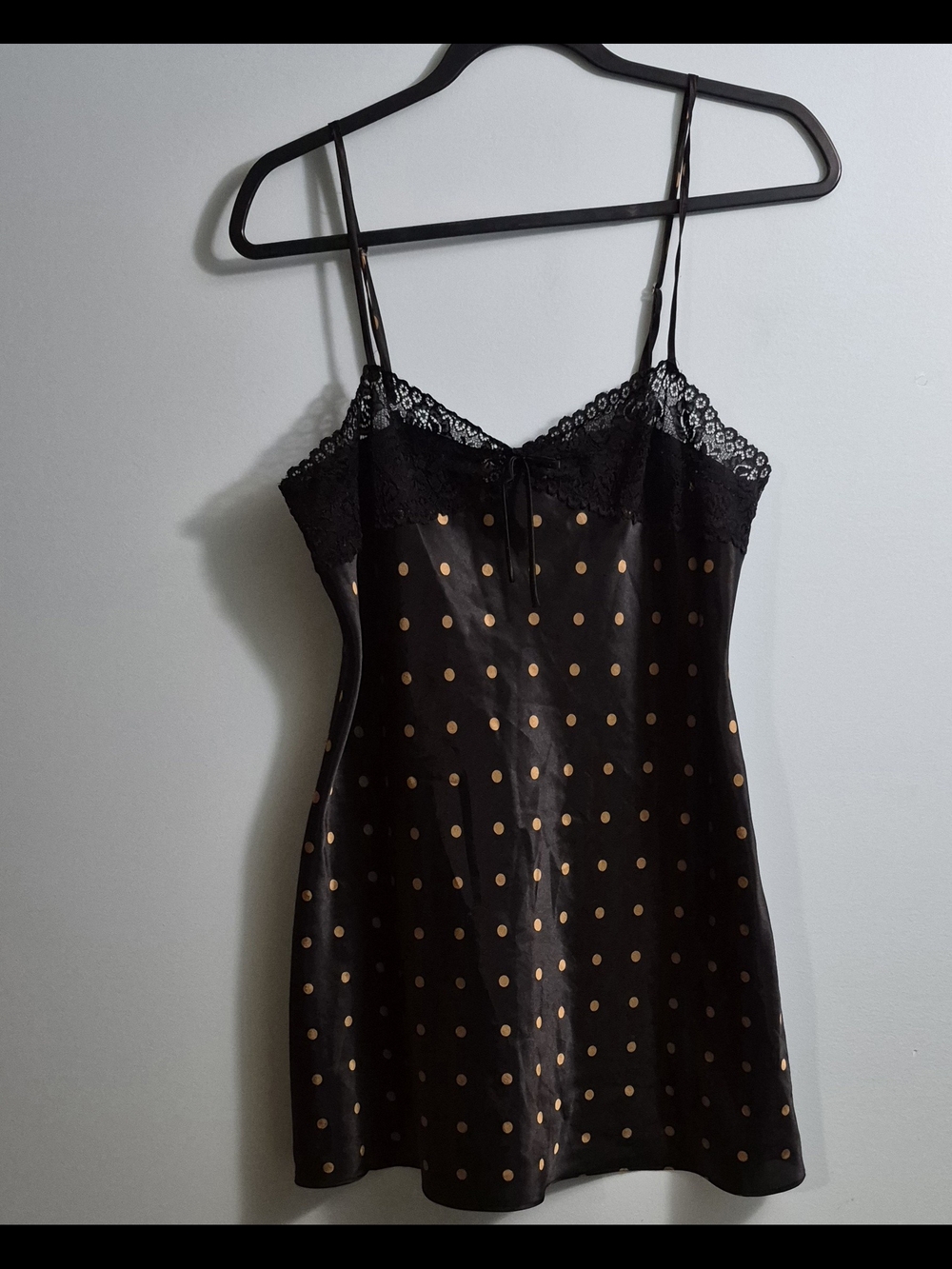 Black Satin Polka Dot Lace-Trim Chemise